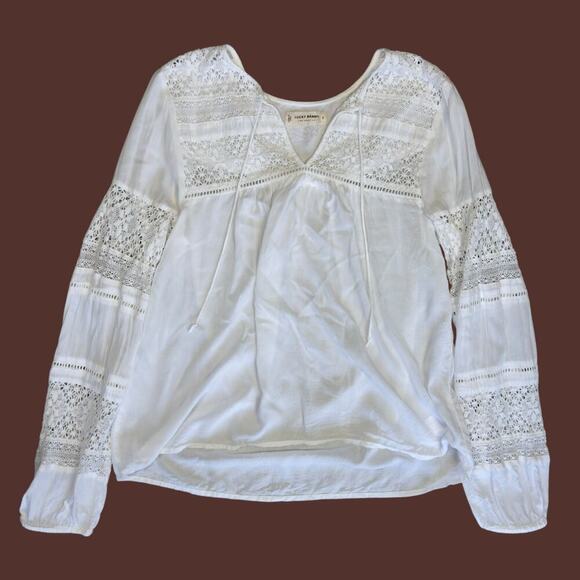 Lucky Brand Lace Inset White Bohemian Blouse Small - Picture 12 of 16